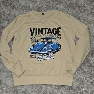 Source Unknown Beige Crewneck Sweater with Blue Vintage Car Graphic
